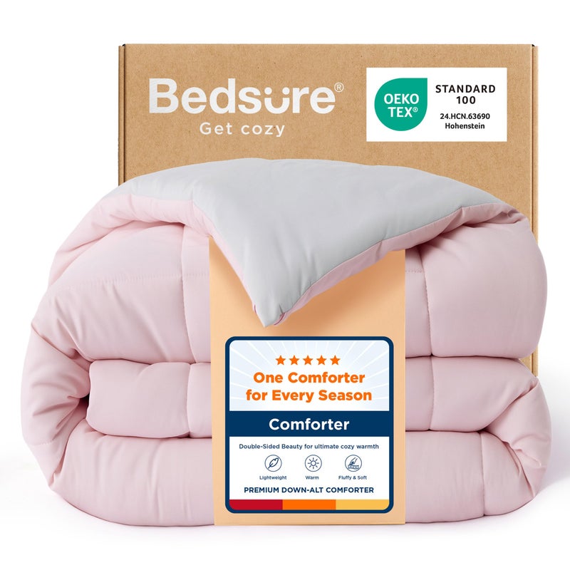 Bedsure Full Comforter Duvet Insert All Season Bed Comforter Quilted Down Alternative Duvet Box Stitched Comforters with Corner Tabs Machine Washable 82 x 86 Inches PinkGrey