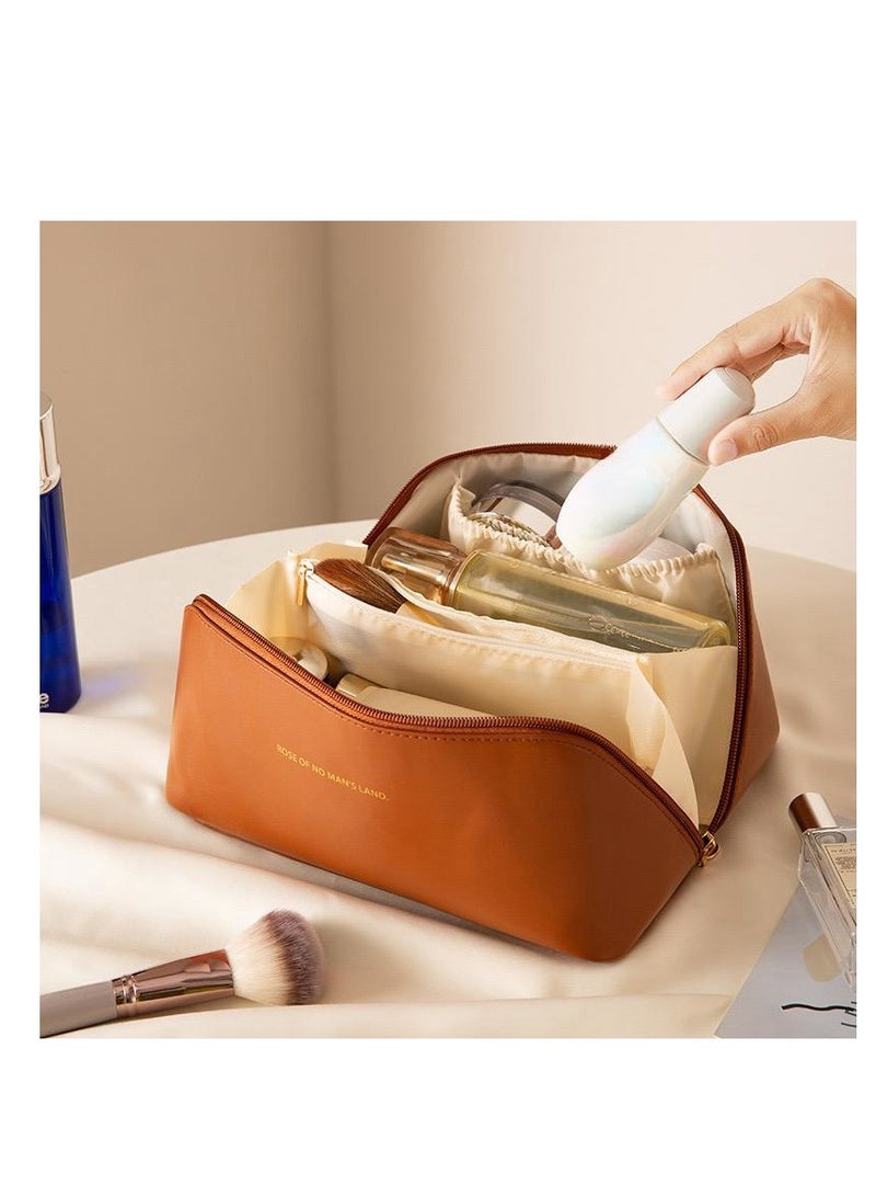 Women's Cosmetic Bag, Portable Waterproof Leather Makeup Storage Box, Perfect for Travel, Large Open Pocket for Toiletries Accessories Brushes - Image 4
