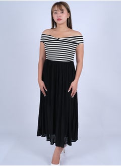 Women’s Maxi-length Stripes Off Shoulder Dress in Black