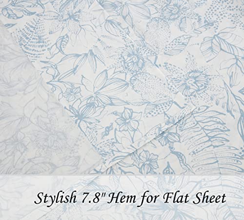 DAUAOTO Cotton Sheets Set Queen Size 4 Pieces Flower Bedding Sets, Aqua Blue Floral Pattern, Up to 14" Deep - Image 4