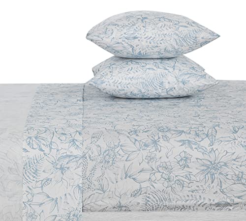 DAUAOTO Cotton Sheets Set Queen Size 4 Pieces Flower Bedding Sets, Aqua Blue Floral Pattern, Up to 14" Deep - Image 1