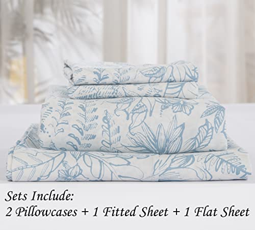 DAUAOTO Cotton Sheets Set Queen Size 4 Pieces Flower Bedding Sets, Aqua Blue Floral Pattern, Up to 14" Deep - Image 2