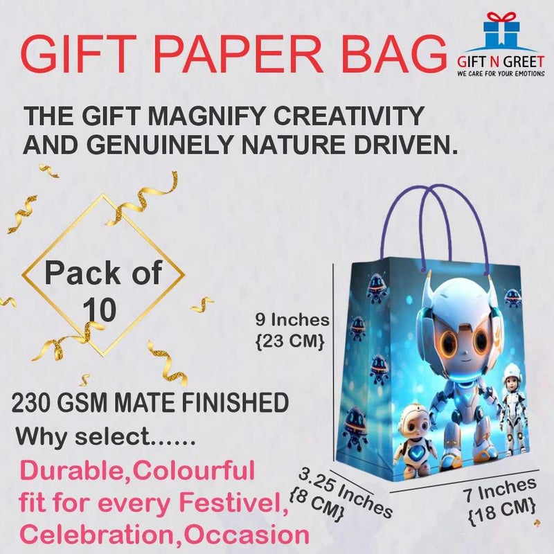 Gift N Greet Gift N Greet Paper Bag-Gifts Bag (Pack Of-10) Robotic Theme, Small Size (18*8*23 cm.) 230 GSM Thick Paper Quality & Matte Finish | Goodie Bags | Favor Bag | Return Gifts For Children | Kids Birthday  - Image 2