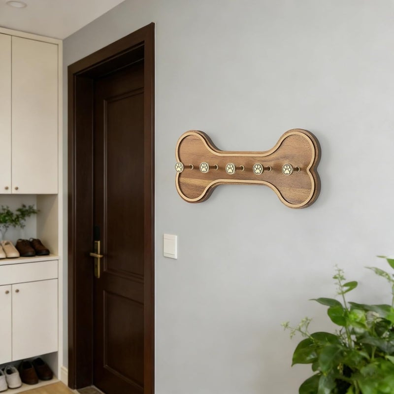 Collar Organizer with 4 Paw Print Hooks, Bone-Shaped Wooden Dog Leash Holder, Acacia Wood Rustic Wall Mount, 12 x 5.4 x 2 in - Image 2