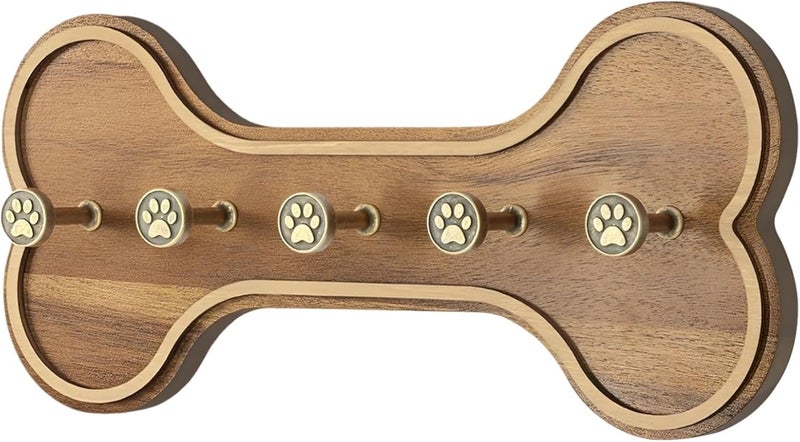 Collar Organizer with 4 Paw Print Hooks, Bone-Shaped Wooden Dog Leash Holder, Acacia Wood Rustic Wall Mount, 12 x 5.4 x 2 in - Image 1