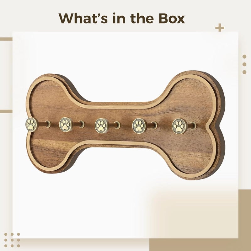 Collar Organizer with 4 Paw Print Hooks, Bone-Shaped Wooden Dog Leash Holder, Acacia Wood Rustic Wall Mount, 12 x 5.4 x 2 in - Image 5