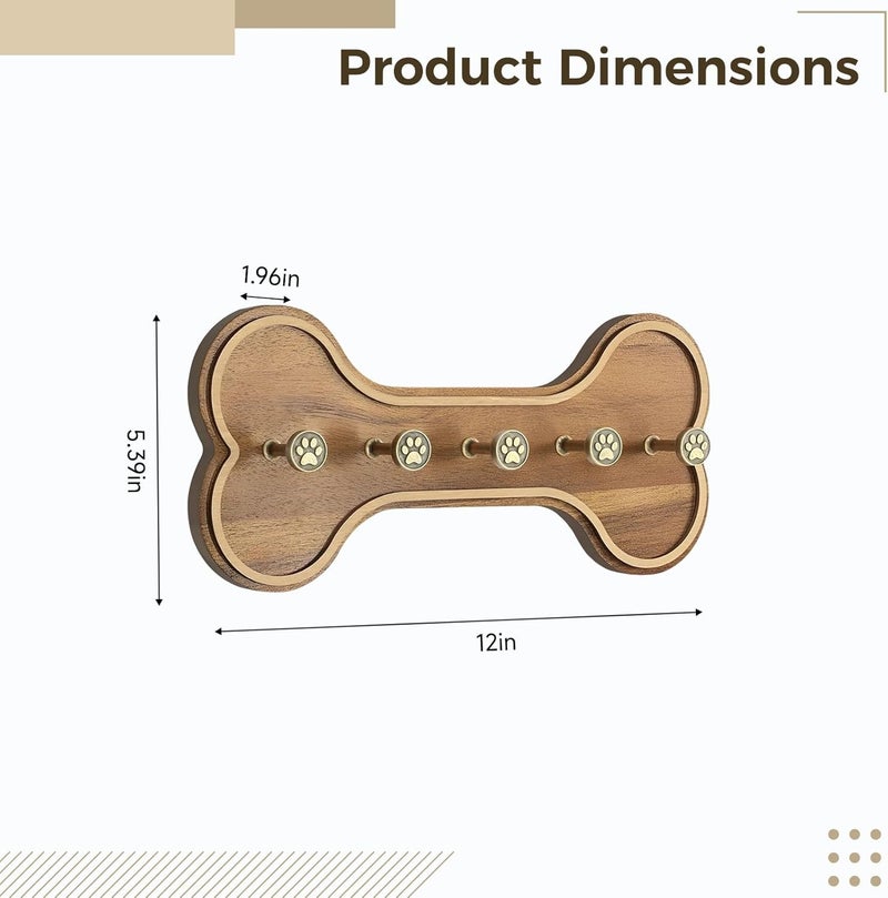 Collar Organizer with 4 Paw Print Hooks, Bone-Shaped Wooden Dog Leash Holder, Acacia Wood Rustic Wall Mount, 12 x 5.4 x 2 in - Image 4
