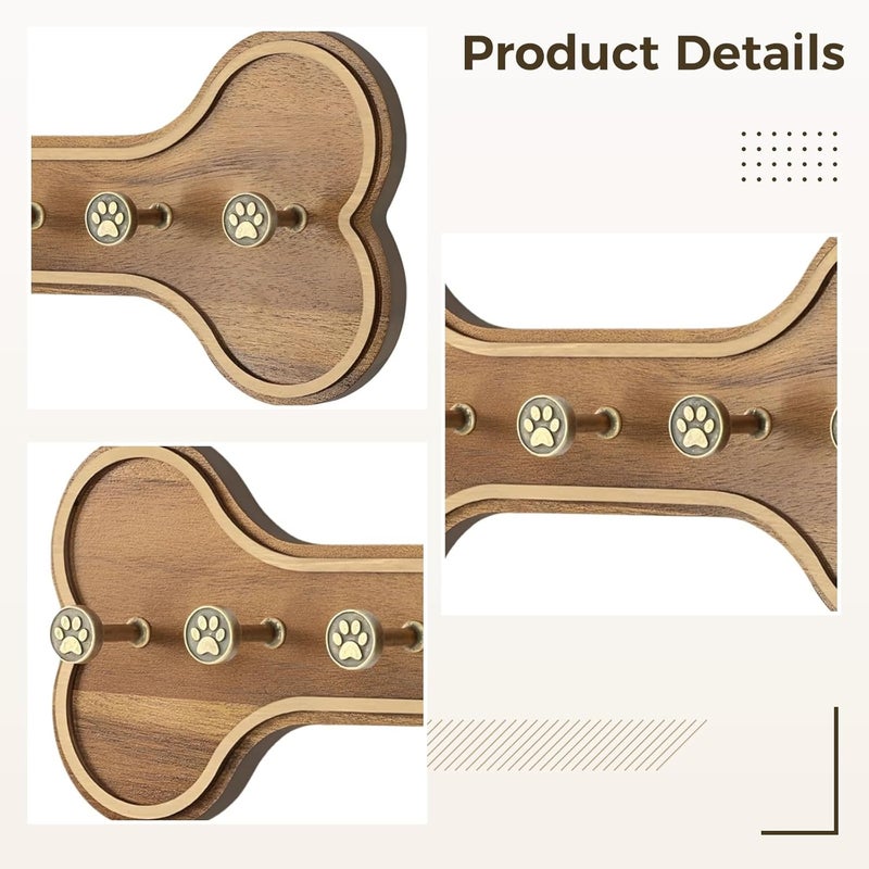 Collar Organizer with 4 Paw Print Hooks, Bone-Shaped Wooden Dog Leash Holder, Acacia Wood Rustic Wall Mount, 12 x 5.4 x 2 in - Image 3