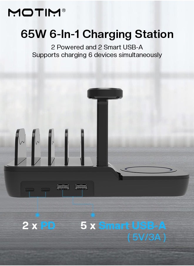 Motim - 6 IN 1, 65W USB Charging Station, Multiple USB Charger Station for Multible Devices mixed Cables Included, Charging Organizer for Phones, Ipad, Watch - Image 1
