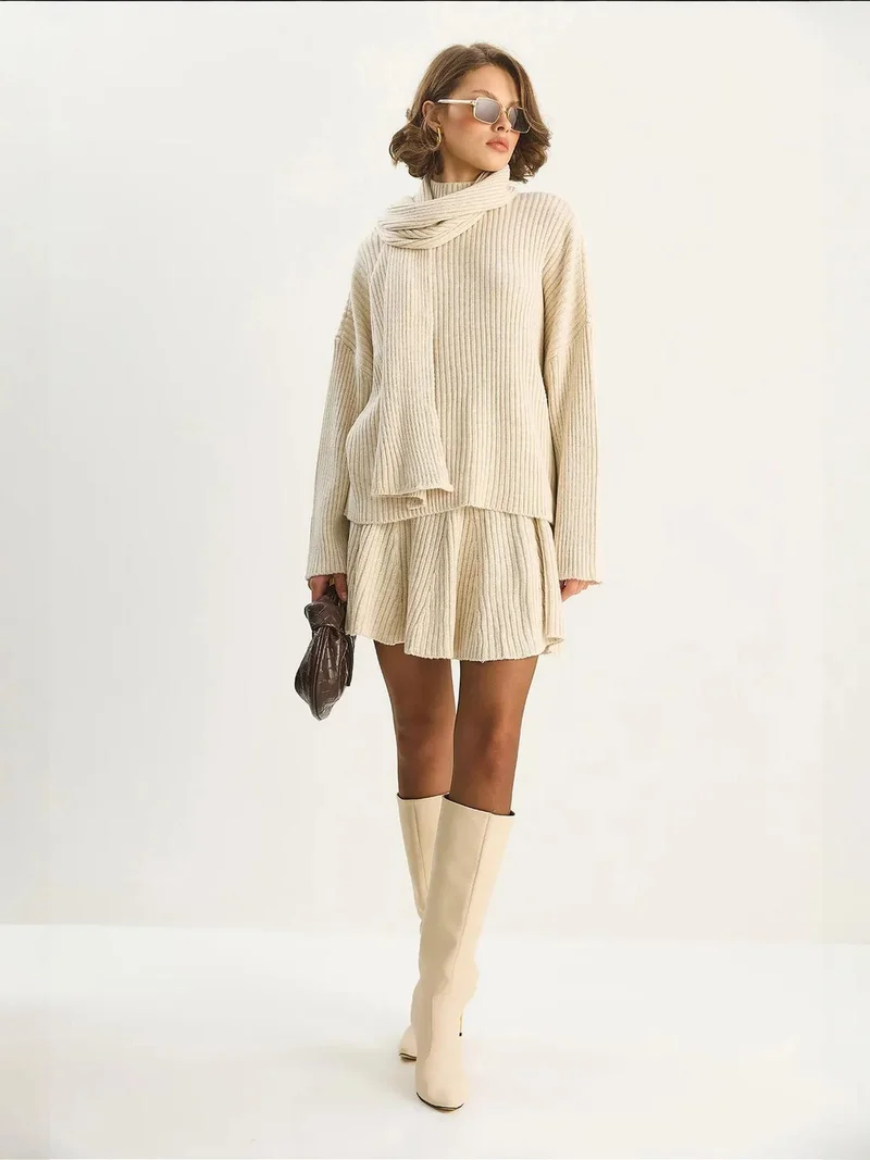 Bianco Lucci Beige Natural LUCCI Shawl Collar Two-Piece Knitwear Set for Women | Best Price UAE