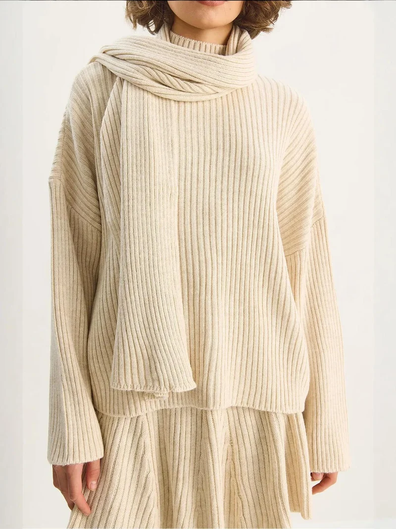 Bianco Lucci Beige Natural LUCCI Shawl Collar Two-Piece Knitwear Set for Women | Best Price UAE