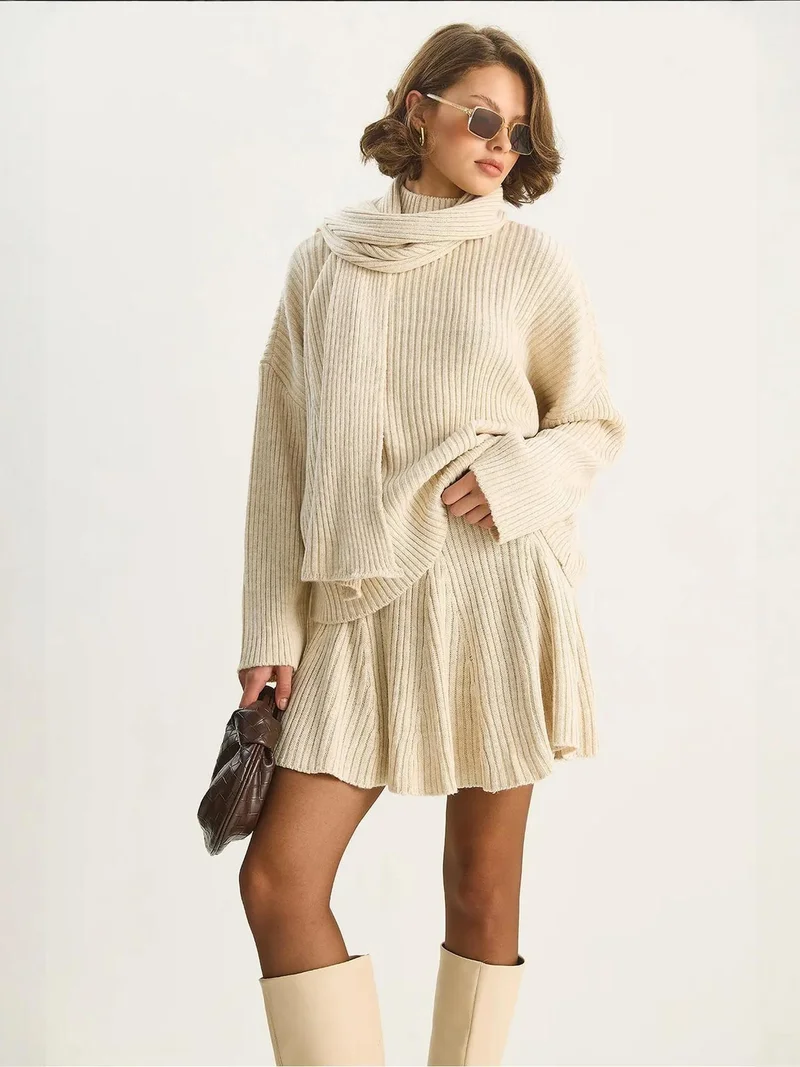 Bianco Lucci Beige Natural LUCCI Shawl Collar Two-Piece Knitwear Set for Women | Best Price UAE