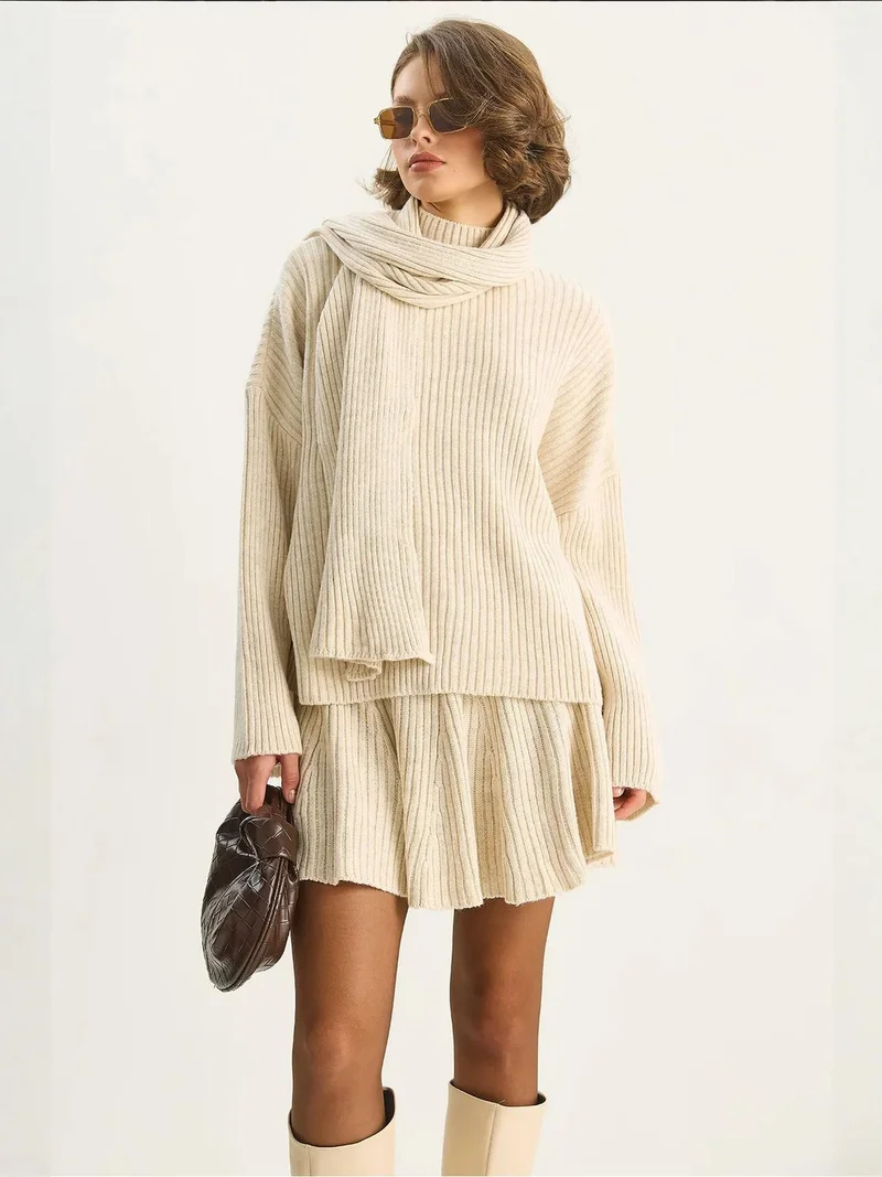 Bianco Lucci Beige Natural LUCCI Shawl Collar Two-Piece Knitwear Set for Women | Best Price UAE