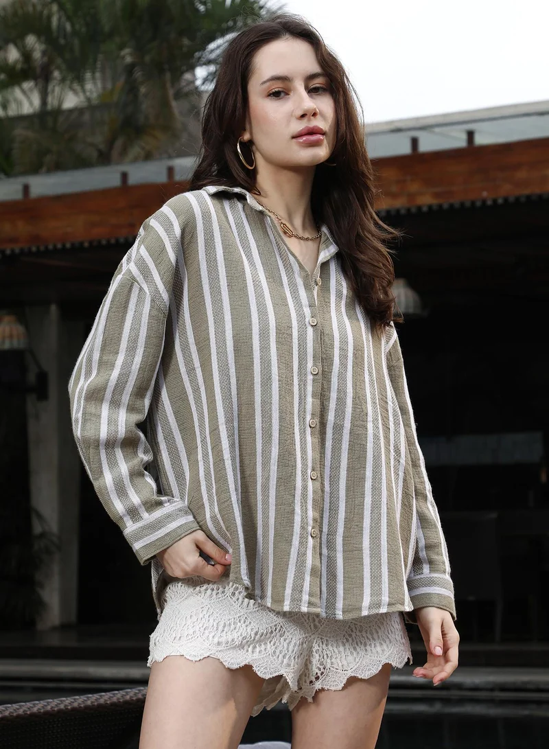 PINACOLADA Pinacolada Women's Ash Brown Halo-Striped Jacquard Oversized Shirt | Spread Collar , Long Cuffed Sleeves , Button Closure | Stripes Jacquard Material | Cotton-Blend Shirt For Casual Wear