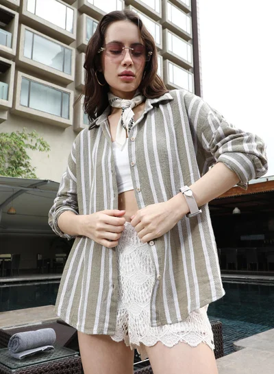 PINACOLADA Pinacolada Women's Ash Brown Halo-Striped Jacquard Oversized Shirt | Spread Collar , Long Cuffed Sleeves , Button Closure | Stripes Jacquard Material | Cotton-Blend Shirt For Casual Wear