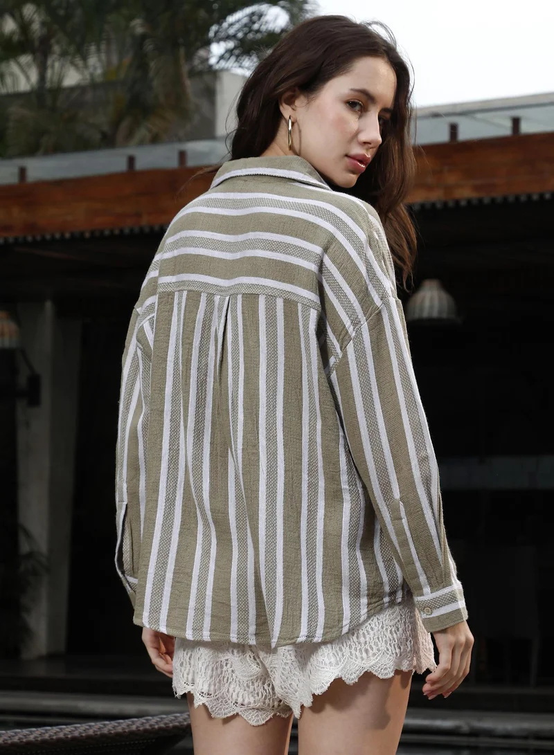 PINACOLADA Pinacolada Women's Ash Brown Halo-Striped Jacquard Oversized Shirt | Spread Collar , Long Cuffed Sleeves , Button Closure | Stripes Jacquard Material | Cotton-Blend Shirt For Casual Wear
