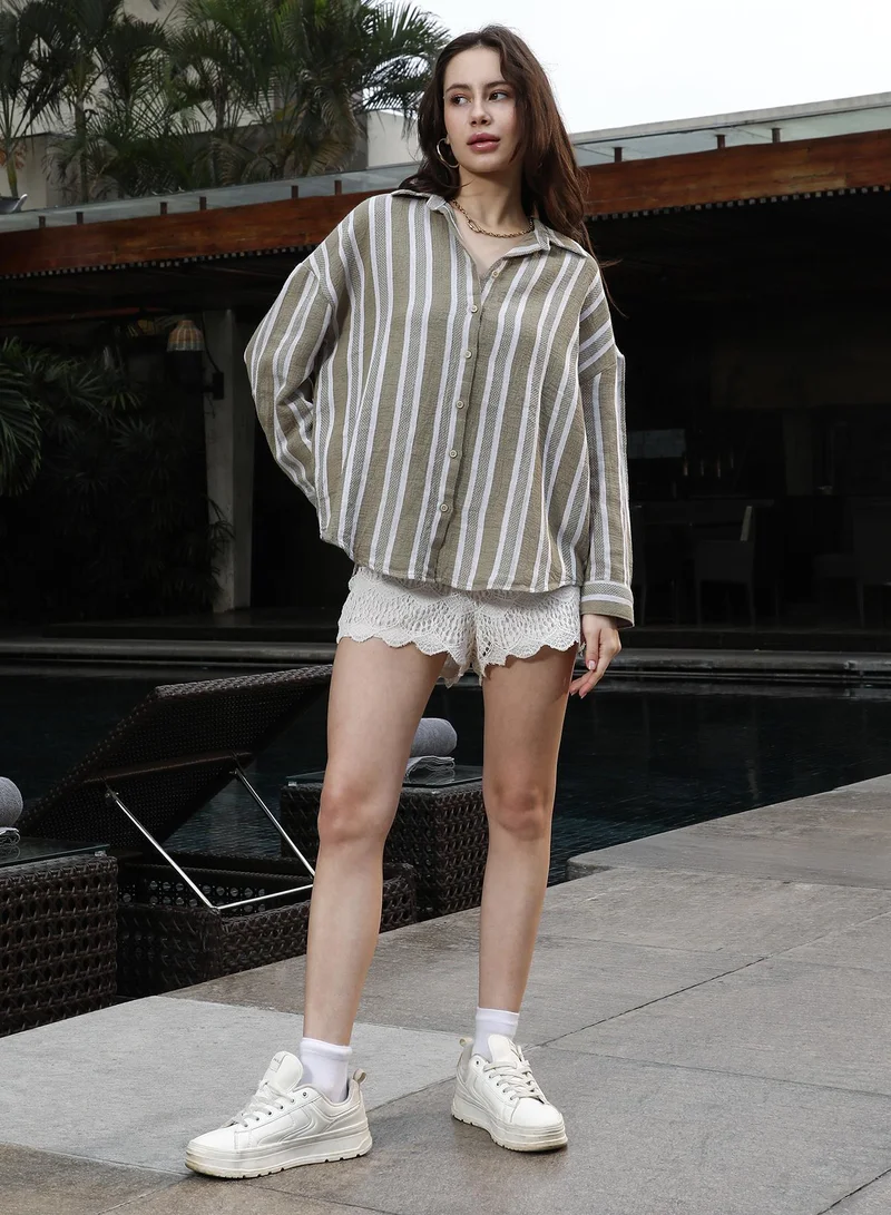 PINACOLADA Pinacolada Women's Ash Brown Halo-Striped Jacquard Oversized Shirt | Spread Collar , Long Cuffed Sleeves , Button Closure | Stripes Jacquard Material | Cotton-Blend Shirt For Casual Wear