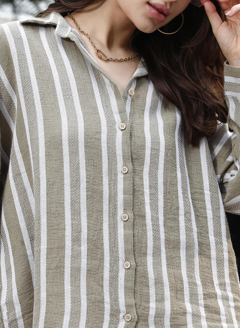 PINACOLADA Pinacolada Women's Ash Brown Halo-Striped Jacquard Oversized Shirt | Spread Collar , Long Cuffed Sleeves , Button Closure | Stripes Jacquard Material | Cotton-Blend Shirt For Casual Wear