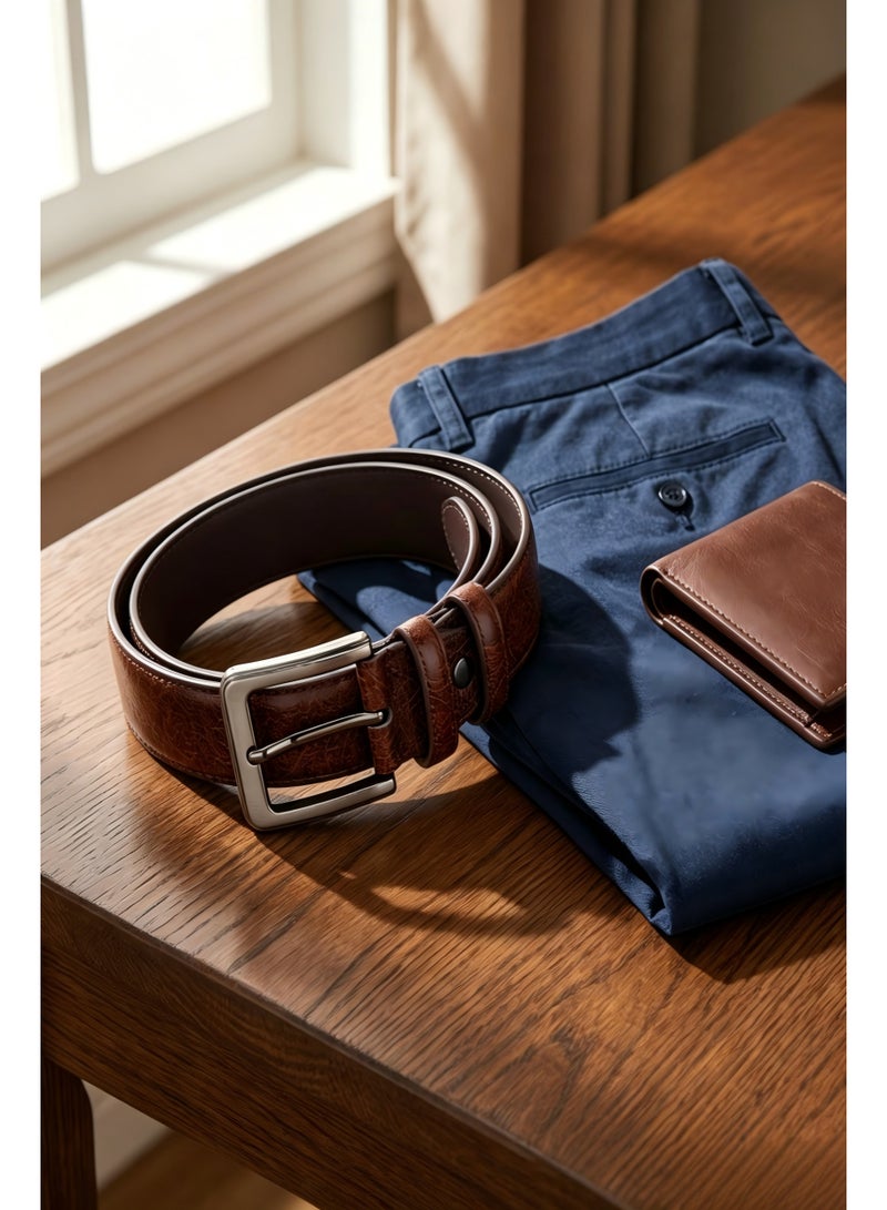 Classic Men's Casual Prong Buckle Belt, Brown Cracked PU Leather with Brushed Alloy Buckle, for Dress Pants and Jeans - Image 3