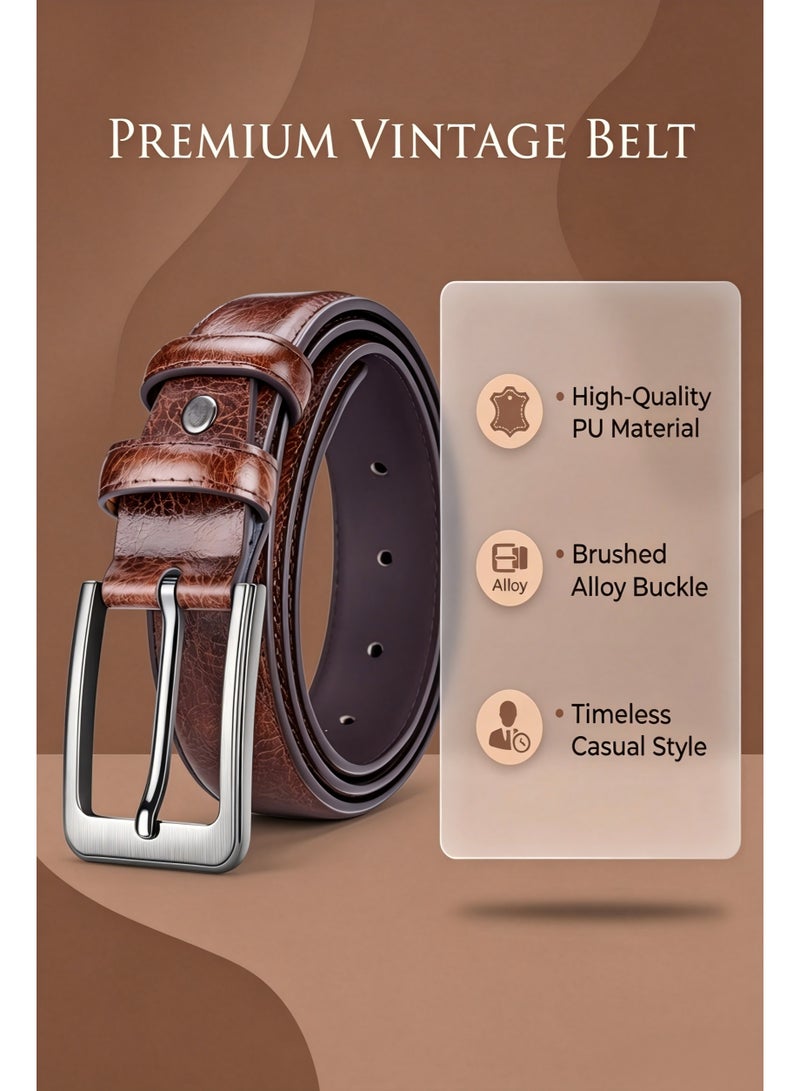 Classic Men's Casual Prong Buckle Belt, Brown Cracked PU Leather with Brushed Alloy Buckle, for Dress Pants and Jeans - Image 4