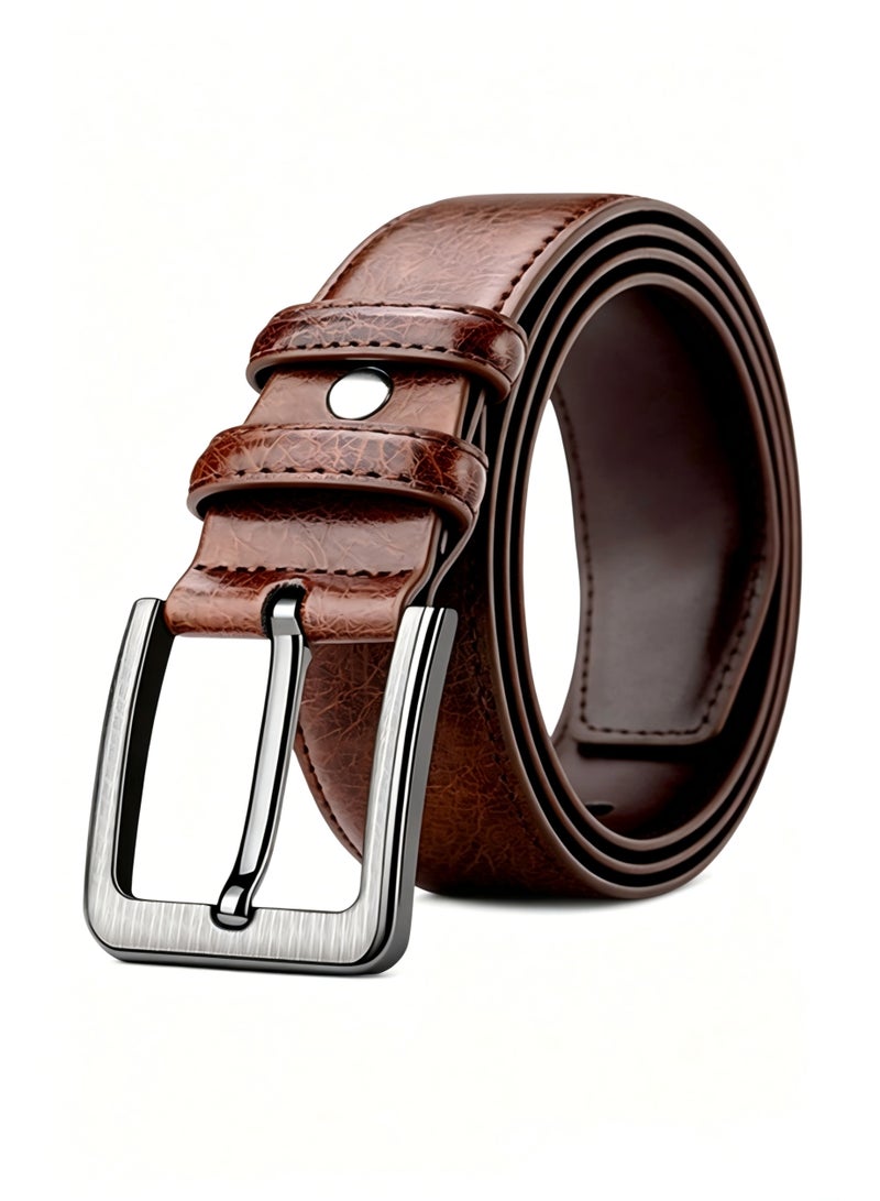Classic Men's Casual Prong Buckle Belt, Brown Cracked PU Leather with Brushed Alloy Buckle, for Dress Pants and Jeans - Image 5