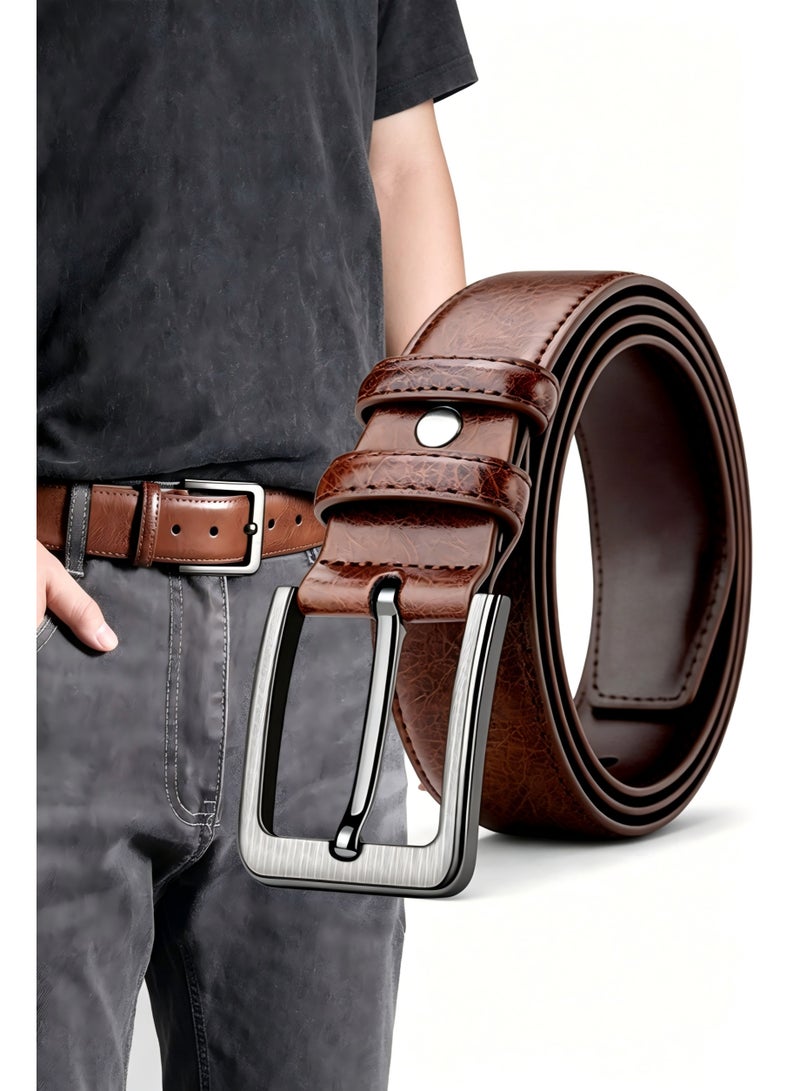 Classic Men's Casual Prong Buckle Belt, Brown Cracked PU Leather with Brushed Alloy Buckle, for Dress Pants and Jeans - Image 1