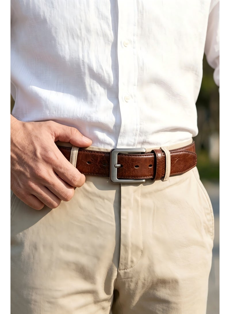 Classic Men's Casual Prong Buckle Belt, Brown Cracked PU Leather with Brushed Alloy Buckle, for Dress Pants and Jeans - Image 2