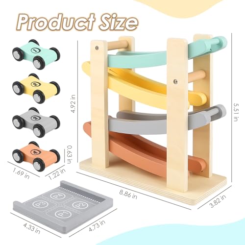 Joyreal Montessori Toys for 1 2 Year Old Boys and Girls - Soft Color Wooden Car Ramp Race Track Set with 4 Mini Cars & Garage - Christmas Birthday Gifts for Toddlers 1-3 Year Old - Image 2
