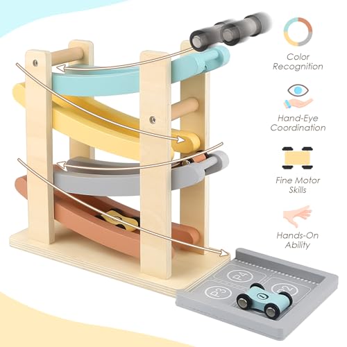 Joyreal Montessori Toys for 1 2 Year Old Boys and Girls - Soft Color Wooden Car Ramp Race Track Set with 4 Mini Cars & Garage - Christmas Birthday Gifts for Toddlers 1-3 Year Old - Image 3