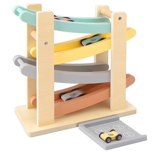 Joyreal Montessori Toys for 1 2 Year Old Boys and Girls - Soft Color Wooden Car Ramp Race Track Set with 4 Mini Cars & Garage - Christmas Birthday Gifts for Toddlers 1-3 Year Old - Image 1