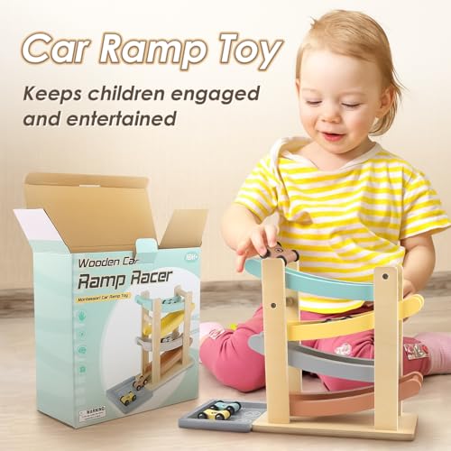 Joyreal Montessori Toys for 1 2 Year Old Boys and Girls - Soft Color Wooden Car Ramp Race Track Set with 4 Mini Cars & Garage - Christmas Birthday Gifts for Toddlers 1-3 Year Old - Image 4