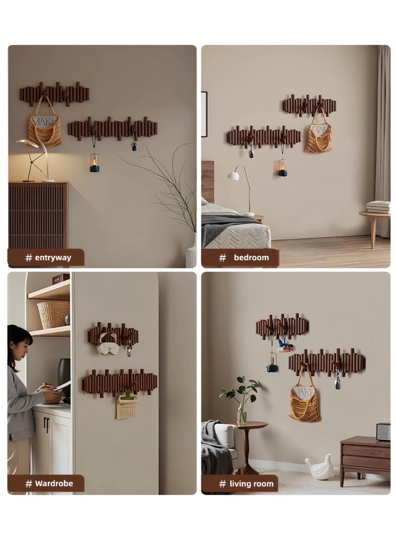 uoobox Picket Coat Rack with 7 Hooks – Walnut Wall-Mounted Coat Rack with Flip-Down Wooden Hooks, Decorative Wall Storage for Jackets, Hats, Scarves, Bags, Entryway, Bedroom Living Room - Image 3