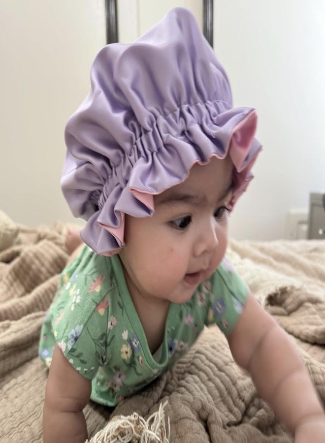 AKISS Reversible Satin Silk Sleep Hair Bonnet for Newborn Baby Girl Boy (Taffy/Lavender, 1~3 M) - Image 3