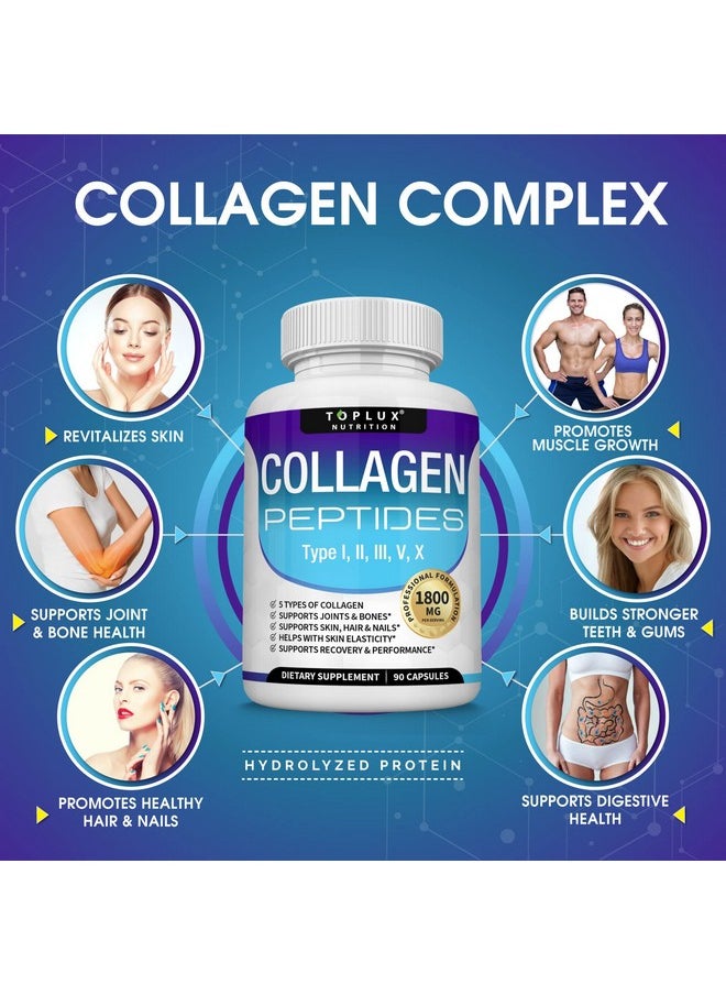 Toplux Multi Collagen Peptides Pills 1800 Mg Complex Type I Ii Iii V X Premium Collagen Complex For Better Skin & Hair Strong Joint Hydrolyzed Protein For Men Women 90 Capsules Supplement  - Image 3