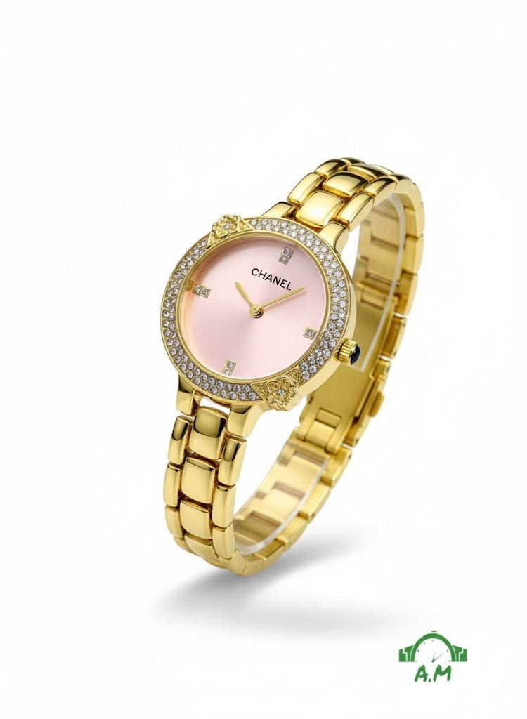 Chanel Women’s Gold Stainless Steel Watch with Pink Dial and Crystal Bezel