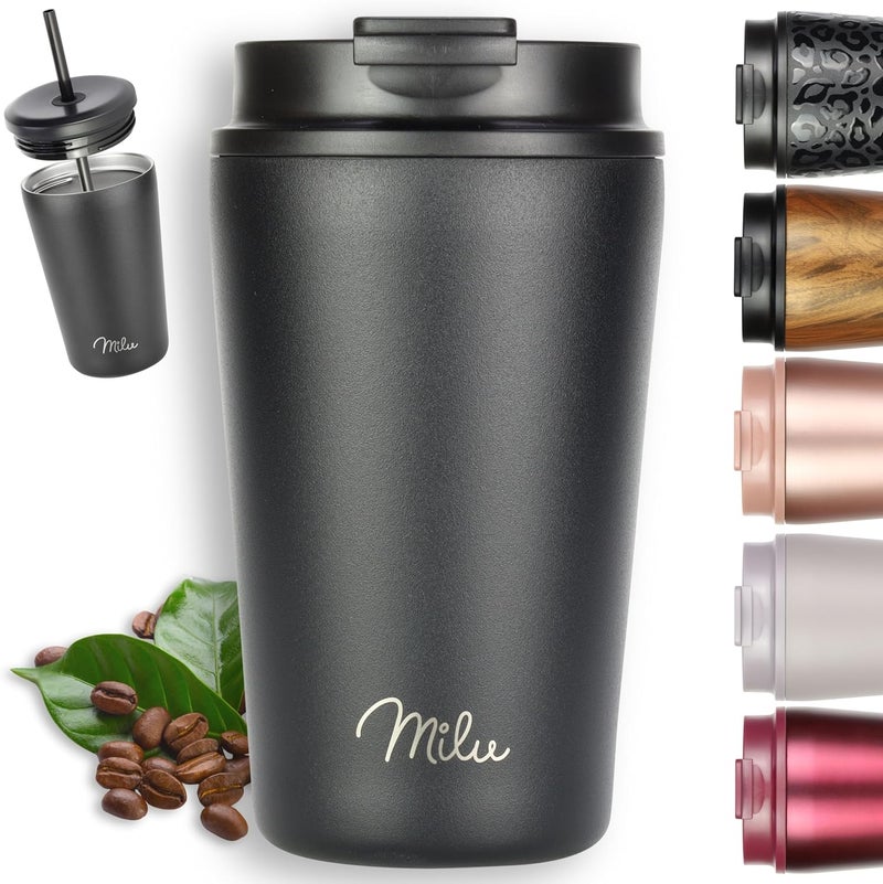 Milu Thermal Mug 300 ml, 400 ml, 500 ml - 100% Leak-Proof - Stainless Steel Coffee Mug to Go Insulated with Straw Keeps Hot for 10 Hours / 20 Hours Cold, BPA-Free (Black, 400 ml) - Image 1