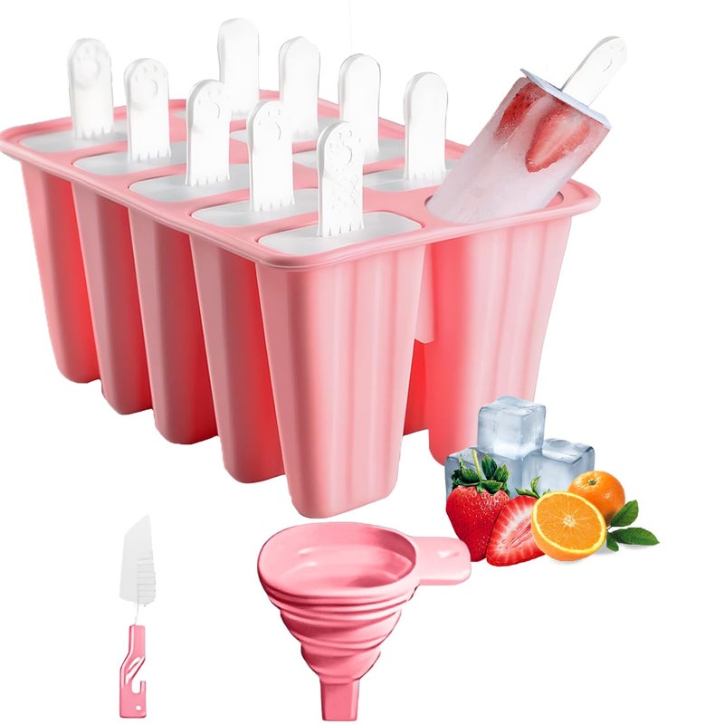 BRENSTEN Silicone Popsicle Molds 10 Pcs Ice Pop Maker Molds with 10 Reusable Sticks Cleaning Brush and Funnel Homemade EasyRelease Reusable Popsicle Moulds Shapes Pink - Image 2