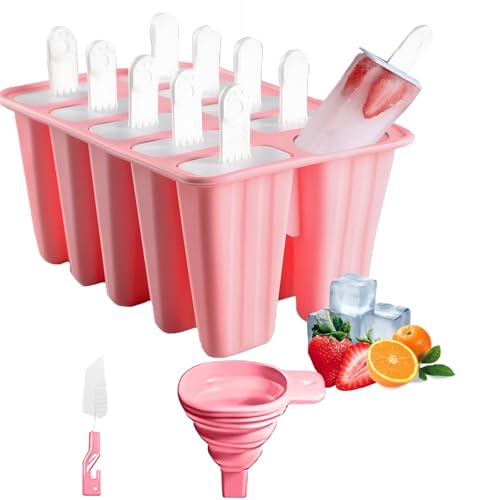 BRENSTEN Silicone Popsicle Molds 10 Pcs Ice Pop Maker Molds with 10 Reusable Sticks Cleaning Brush and Funnel Homemade EasyRelease Reusable Popsicle Moulds Shapes Pink - Image 1