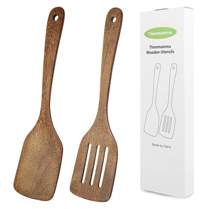 WOODEN SPATULA FOR COOKING 12 INCHES WOOD SPATULA SLOTTED TURNER COOKING UTENSILS FOR NONSTICK COOKWARE KITCHEN SPATULAS FOR FISH EGGS PANCAKES 2 PACK