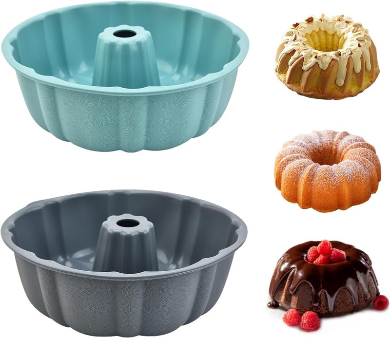 PADELE 2 Pack Silicone Bundt Cake Pan Nonstick,10 Inch, Silicone Cake Molds,Pound Cake Pan, Baking for Jello,Gelatin,Cake,Brownie and Bread (Grey+Blue) - Image 1