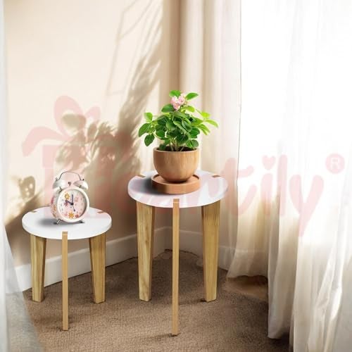 Heartily Beautiful Wooden Stool – Set of 2 | 14 + 17.4 Inch Height | Multipurpose 3-Leg Side Table, Small Table, Plant Stand for Living Room in Home or Office (Height 17.4 + 14 Inch) - Image 2