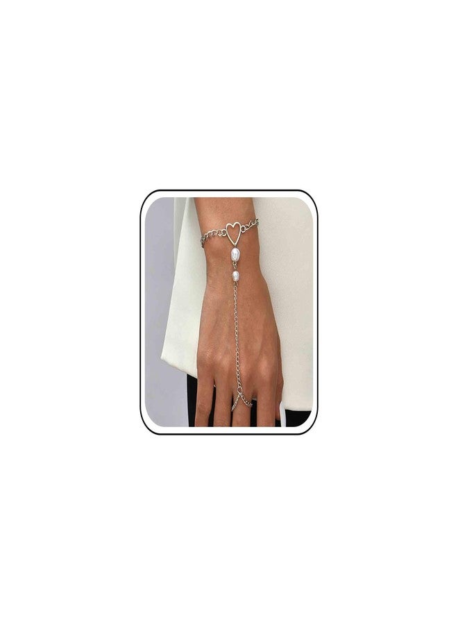 Yheakne Boho Heart Finger Bracelet Silver Slave Bracelets Vintage Pearl Finger Chain Bracelets Summer Ring Bracelets Everyday Bracelet Hand Chain Jewelry for Women - Image 1