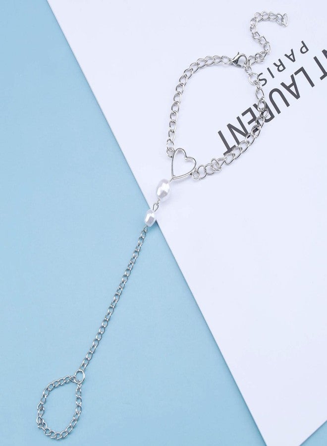 Yheakne Boho Heart Finger Bracelet Silver Slave Bracelets Vintage Pearl Finger Chain Bracelets Summer Ring Bracelets Everyday Bracelet Hand Chain Jewelry for Women - Image 3