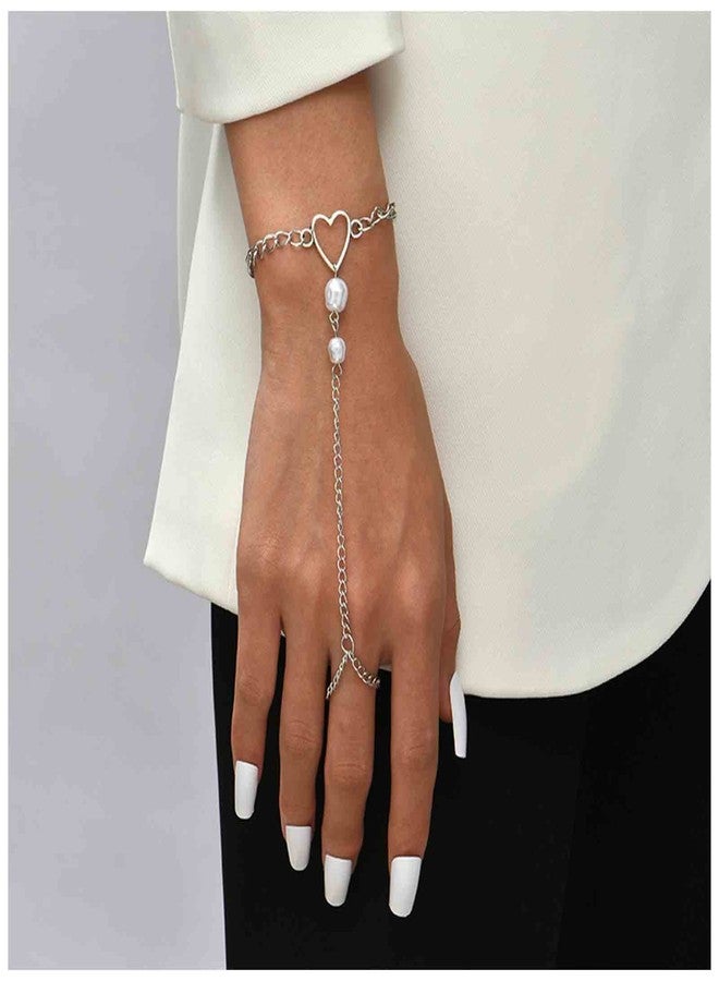 Yheakne Boho Heart Finger Bracelet Silver Slave Bracelets Vintage Pearl Finger Chain Bracelets Summer Ring Bracelets Everyday Bracelet Hand Chain Jewelry for Women - Image 2