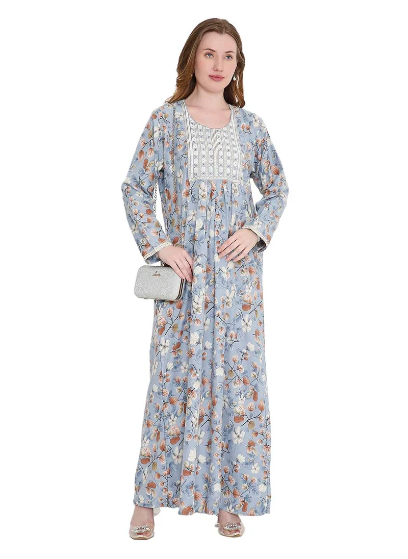 هانا آند سارا classic long viscose printed farasha with elegant thread embroidery arabic kaftan jalabiya dress