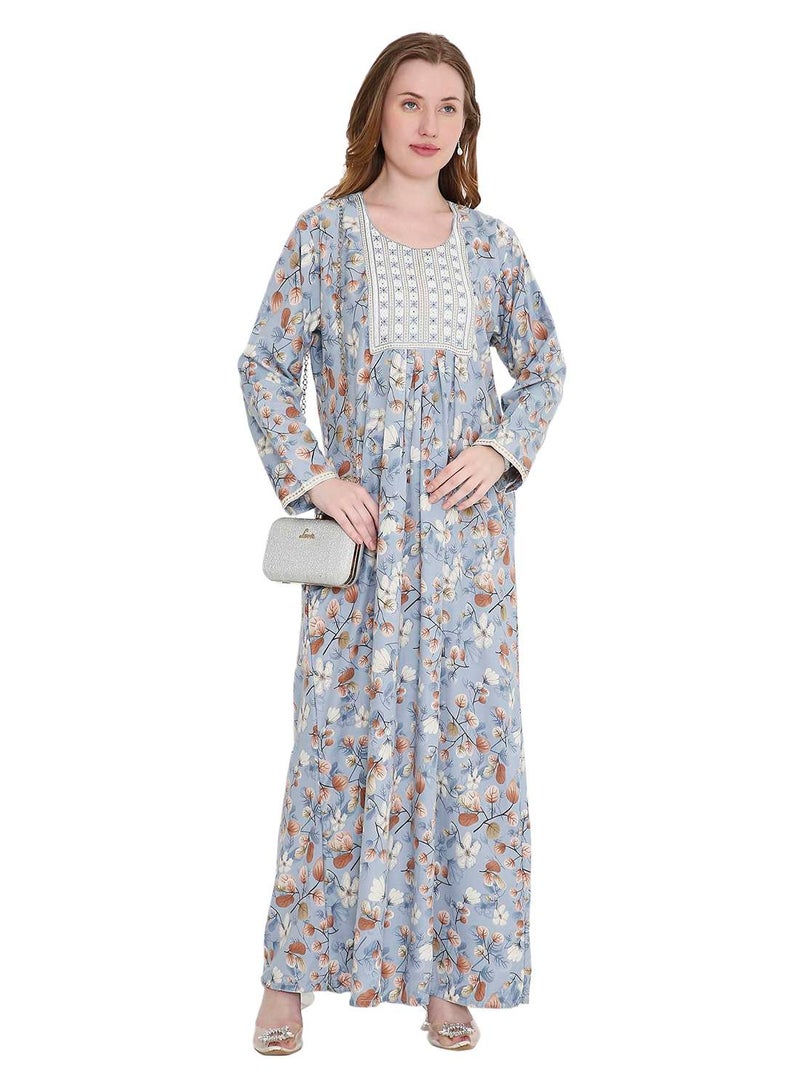 HANA & SARA CLASSIC LONG VISCOSE PRINTED FARASHA WITH ELEGANT THREAD EMBROIDERY ARABIC  JALABIYA DRESS - Image 1