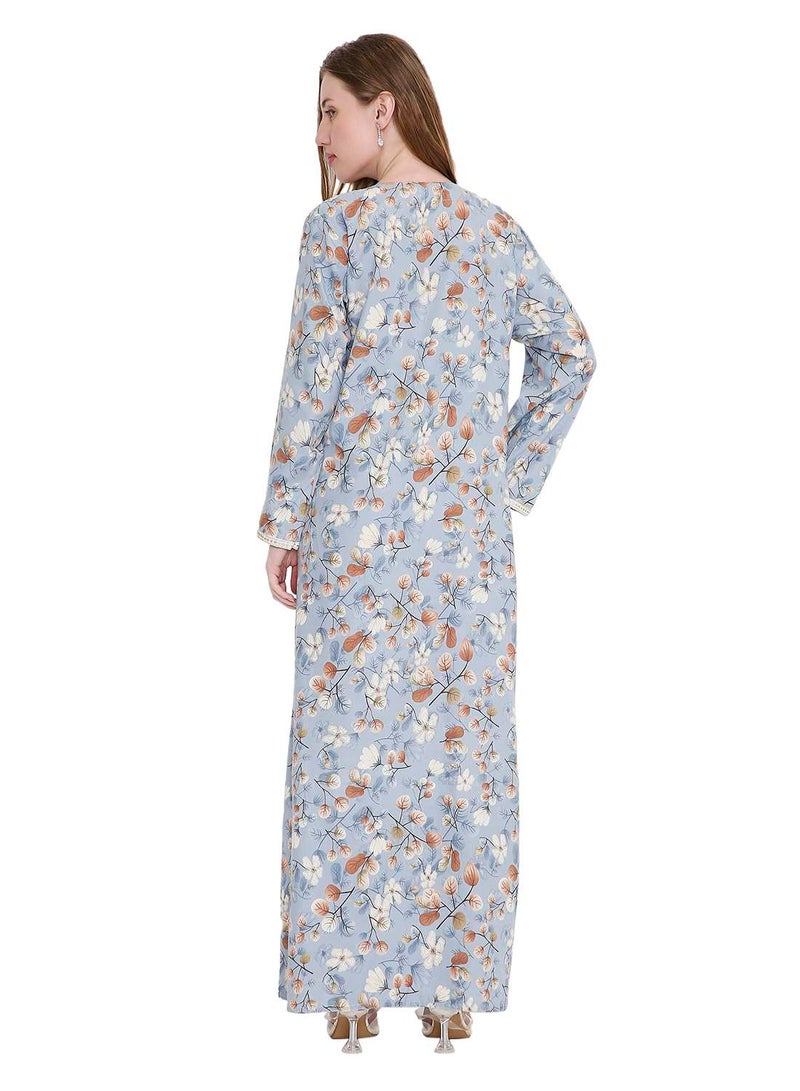 HANA & SARA CLASSIC LONG VISCOSE PRINTED FARASHA WITH ELEGANT THREAD EMBROIDERY ARABIC  JALABIYA DRESS - Image 2