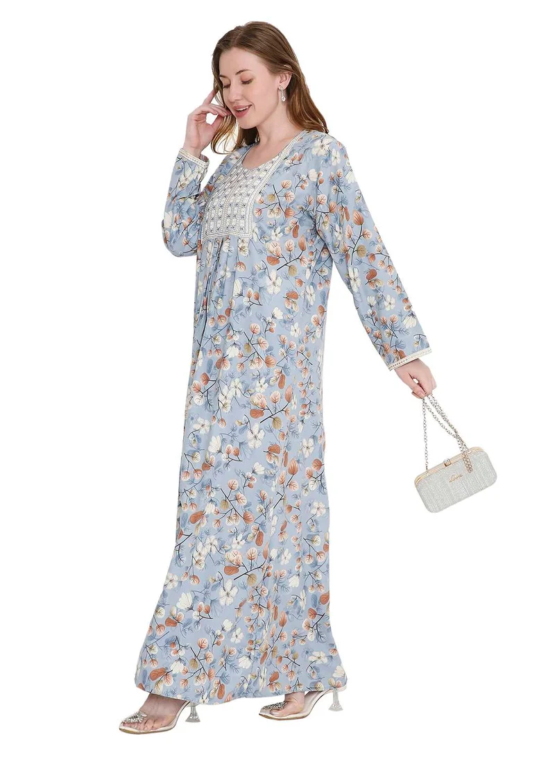 HANA & SARA classic long viscose printed farasha with elegant thread embroidery arabic kaftan jalabiya dress