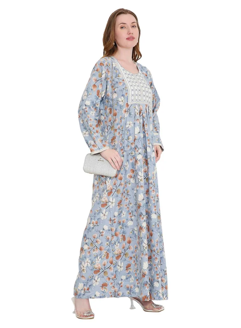 HANA & SARA classic long viscose printed farasha with elegant thread embroidery arabic kaftan jalabiya dress