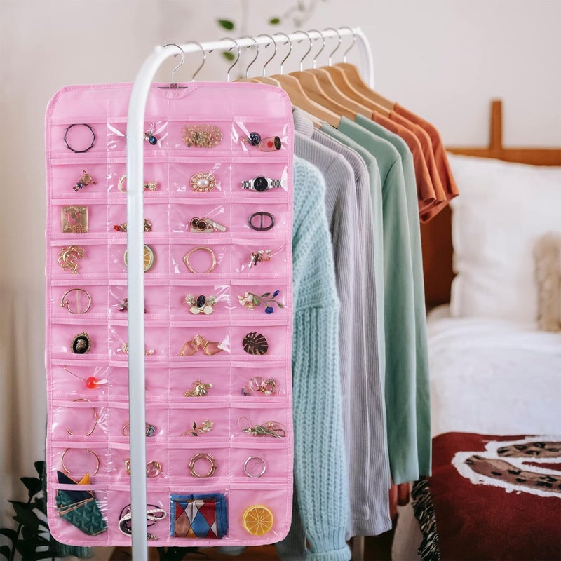 Blendmix Hanging Jewelry Organizer 48-Pocket Dual-sided Jewelry Storage for Jewelry Earring Necklace Bracelet Ring Storage Travel Holder, PINK - Image 4